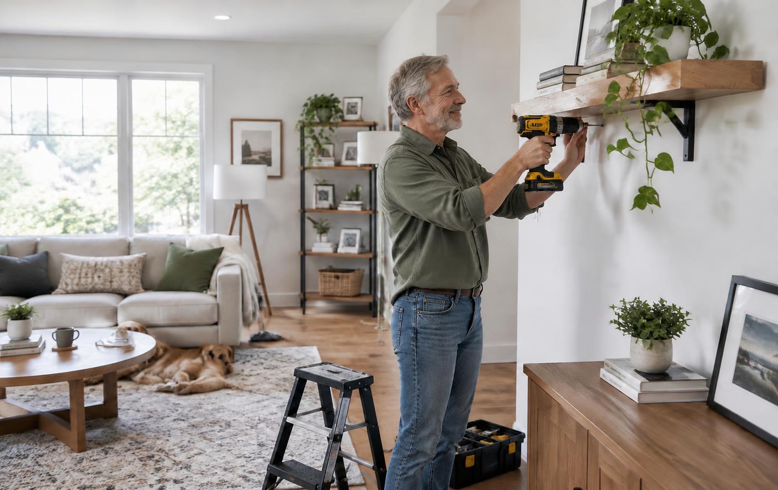 Homeowner using a cordless drill to install a wooden shelf